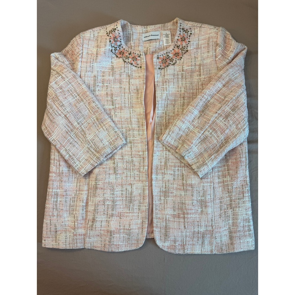 Alfred Dunner Women's Tweed Blazer Jacket‎ Embellished Pink Cream Size 18